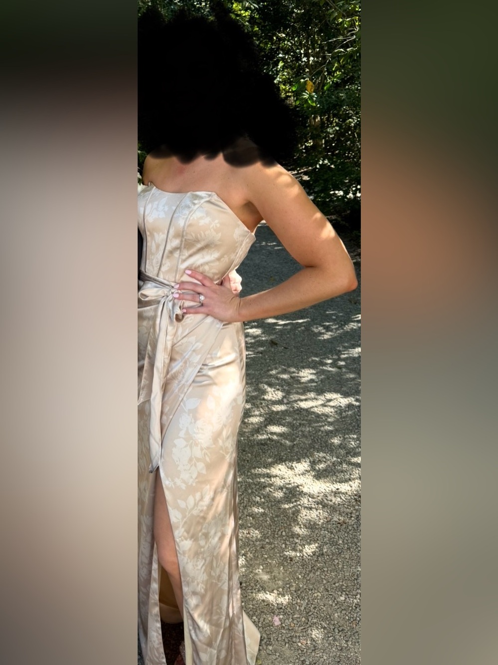 Revelry “Amara” Strapless Bridesmaid Dress — Champagne Floral Print